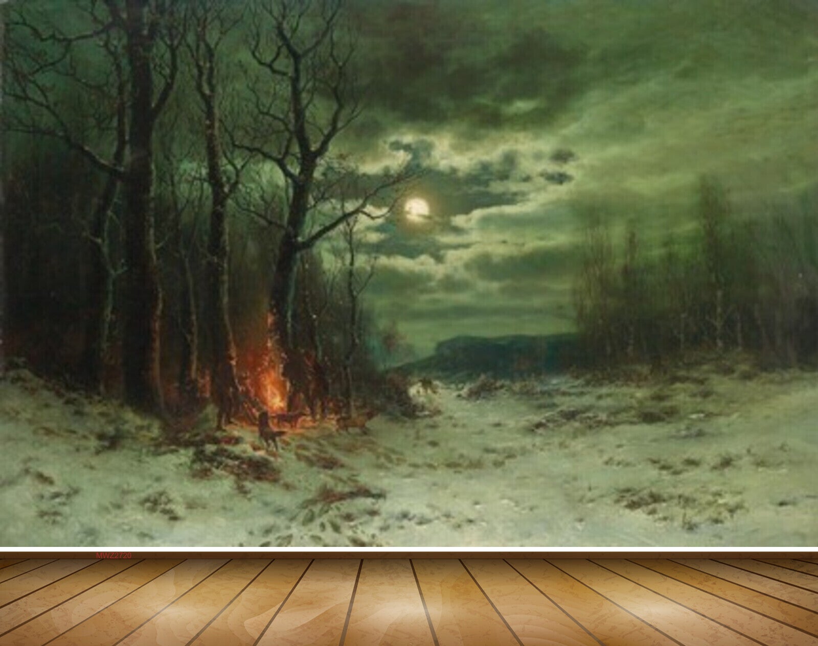 Avikalp MWZ2720 Trees Moonlight People Dogs Fire Grass Snow Clouds Night Painting HD Wallpaper