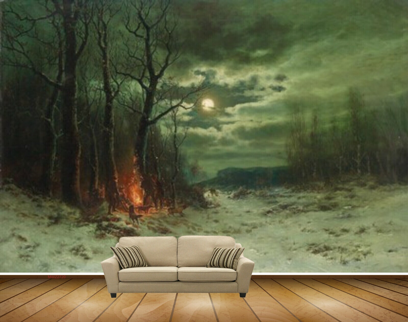 Avikalp MWZ2720 Trees Moonlight People Dogs Fire Grass Snow Clouds Night Painting HD Wallpaper
