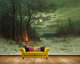 Avikalp MWZ2720 Trees Moonlight People Dogs Fire Grass Snow Clouds Night Painting HD Wallpaper