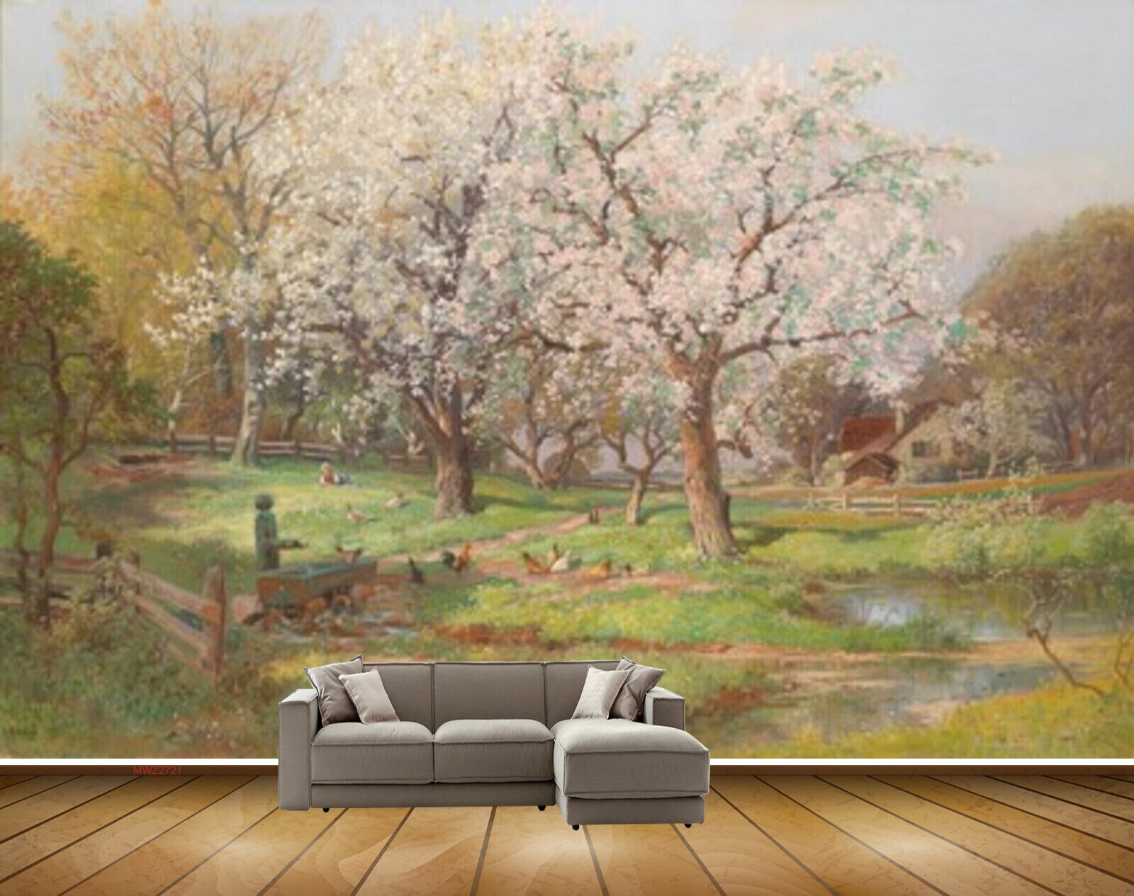 Avikalp MWZ2721 Trees Yellow White Leaves Grass House Hen Cock Birds Pond Water Painting HD Wallpaper