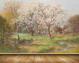 Avikalp MWZ2721 Trees Yellow White Leaves Grass House Hen Cock Birds Pond Water Painting HD Wallpaper