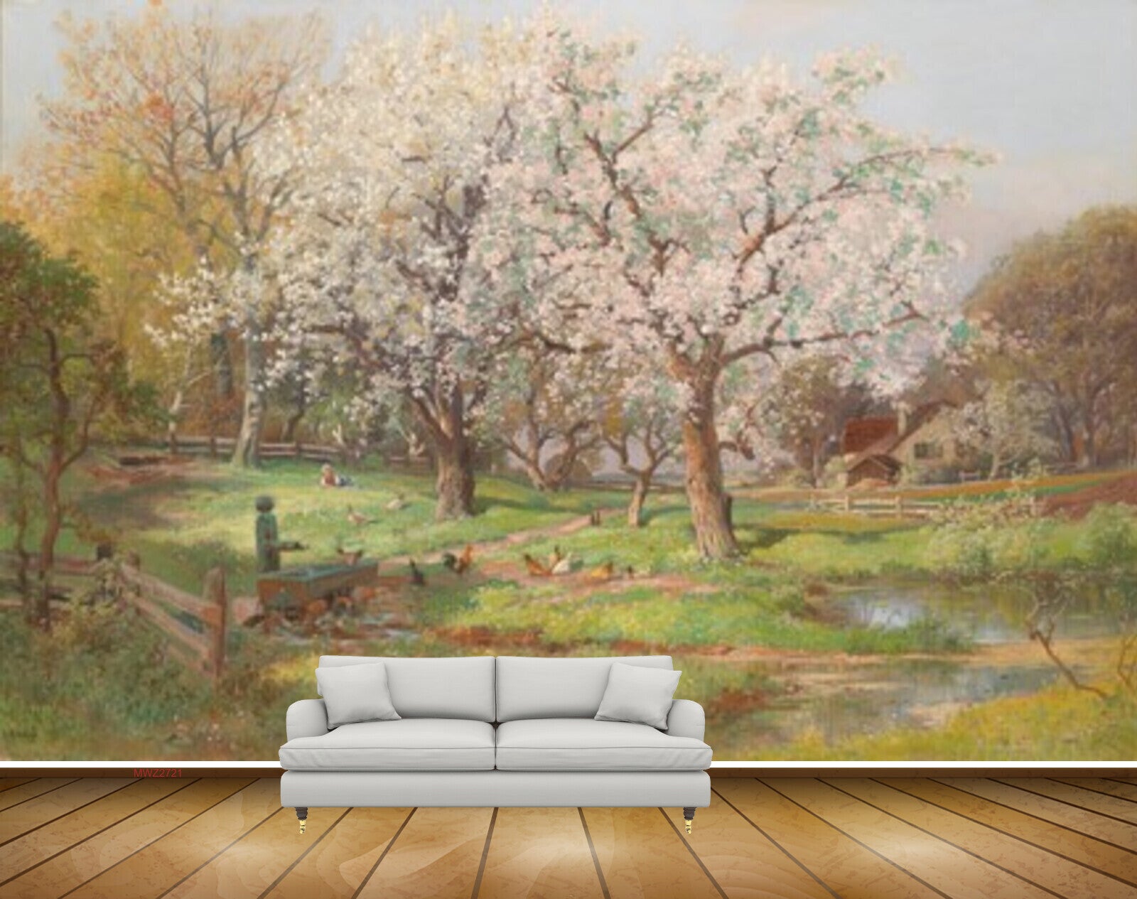 Avikalp MWZ2721 Trees Yellow White Leaves Grass House Hen Cock Birds Pond Water Painting HD Wallpaper