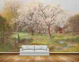 Avikalp MWZ2721 Trees Yellow White Leaves Grass House Hen Cock Birds Pond Water Painting HD Wallpaper
