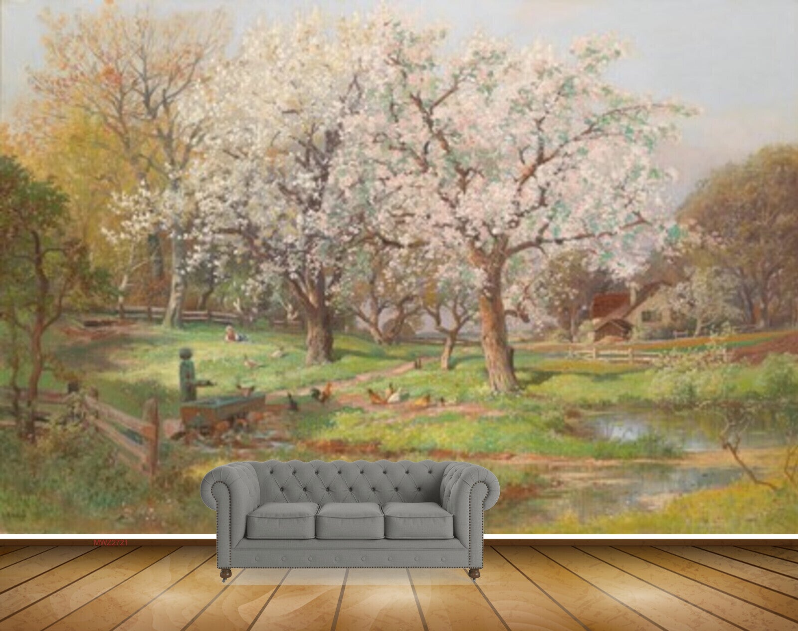 Avikalp MWZ2721 Trees Yellow White Leaves Grass House Hen Cock Birds Pond Water Painting HD Wallpaper