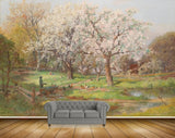 Avikalp MWZ2721 Trees Yellow White Leaves Grass House Hen Cock Birds Pond Water Painting HD Wallpaper