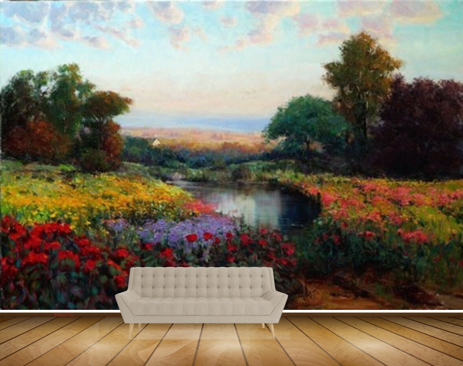 Avikalp MWZ2722 Clouds Trees River Pond Water Orange Red Yellow Flowers Trees Painting HD Wallpaper