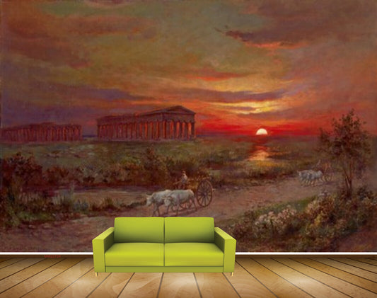 Avikalp MWZ2724 Sunset Sunrise Clouds Sky Trees Animals Grass Road Trees Painting HD Wallpaper