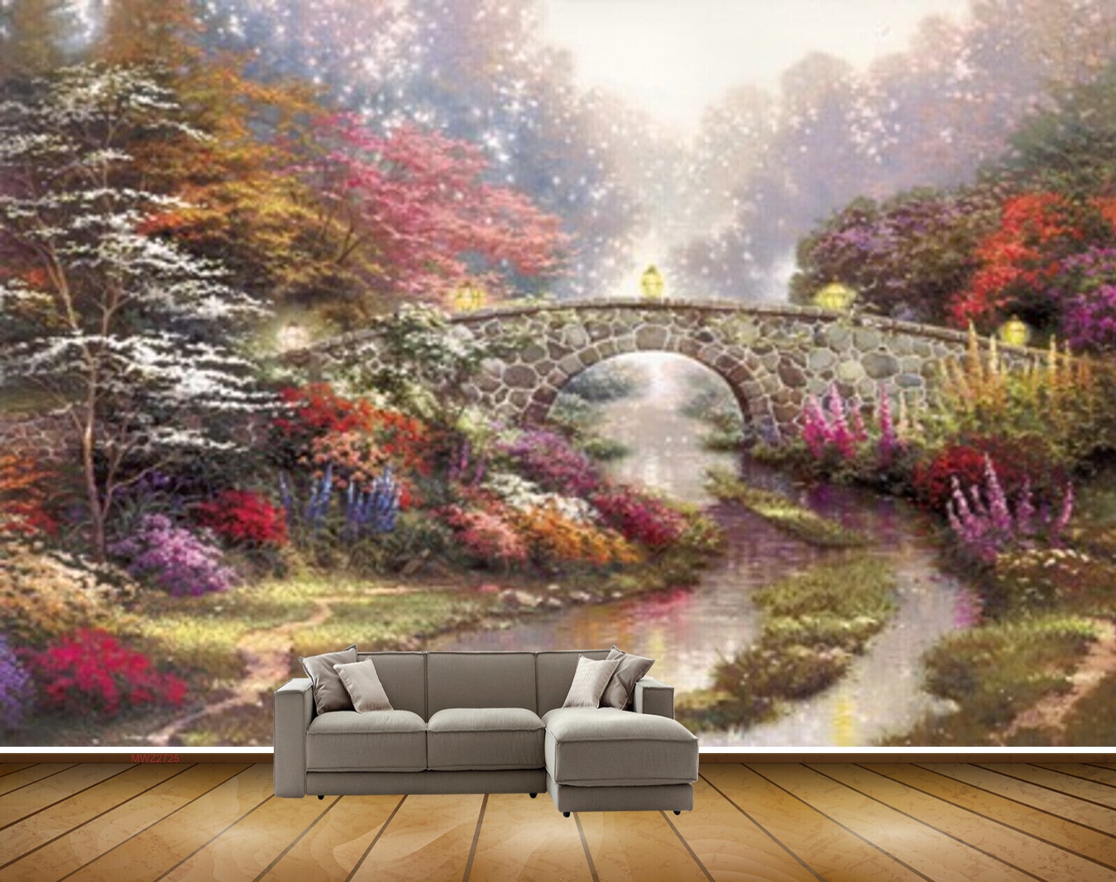 Avikalp MWZ2725 Trees Purple Red White Flowers Grass River Pond Water Bridge Lamps Light 'Painting HD Wallpaper