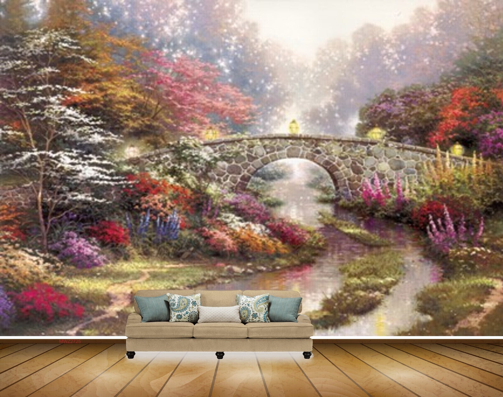 Avikalp MWZ2725 Trees Purple Red White Flowers Grass River Pond Water Bridge Lamps Light 'Painting HD Wallpaper