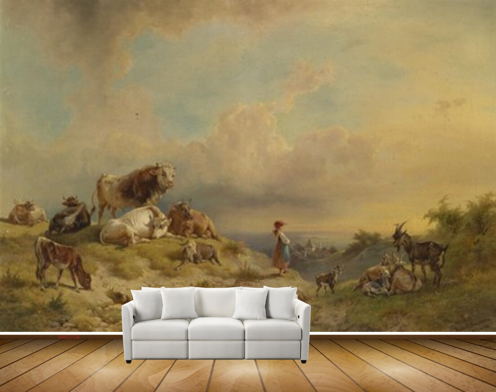 Avikalp MWZ2726 Clouds Cows Trees Man Goat Pond Grass Painting HD Wallpaper