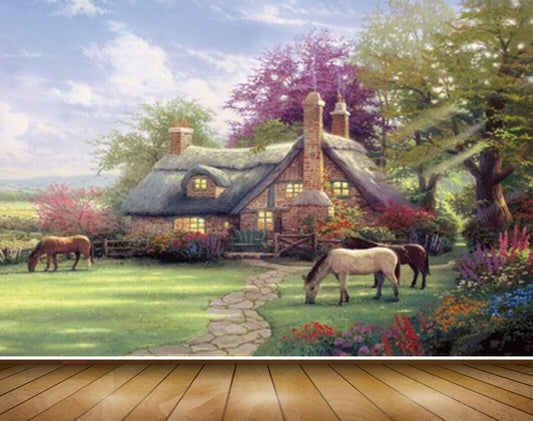 Avikalp MWZ2736 Sky Clouds Houses Trees Horses Grass Flowers Garden Painting HD Wallpaper