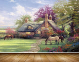 Avikalp MWZ2736 Sky Clouds Houses Trees Horses Grass Flowers Garden Painting HD Wallpaper