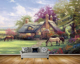 Avikalp MWZ2736 Sky Clouds Houses Trees Horses Grass Flowers Garden Painting HD Wallpaper