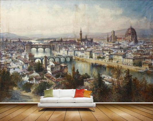 Avikalp MWZ2748 Buildings River Water Trees Bridge City Painting HD Wallpaper