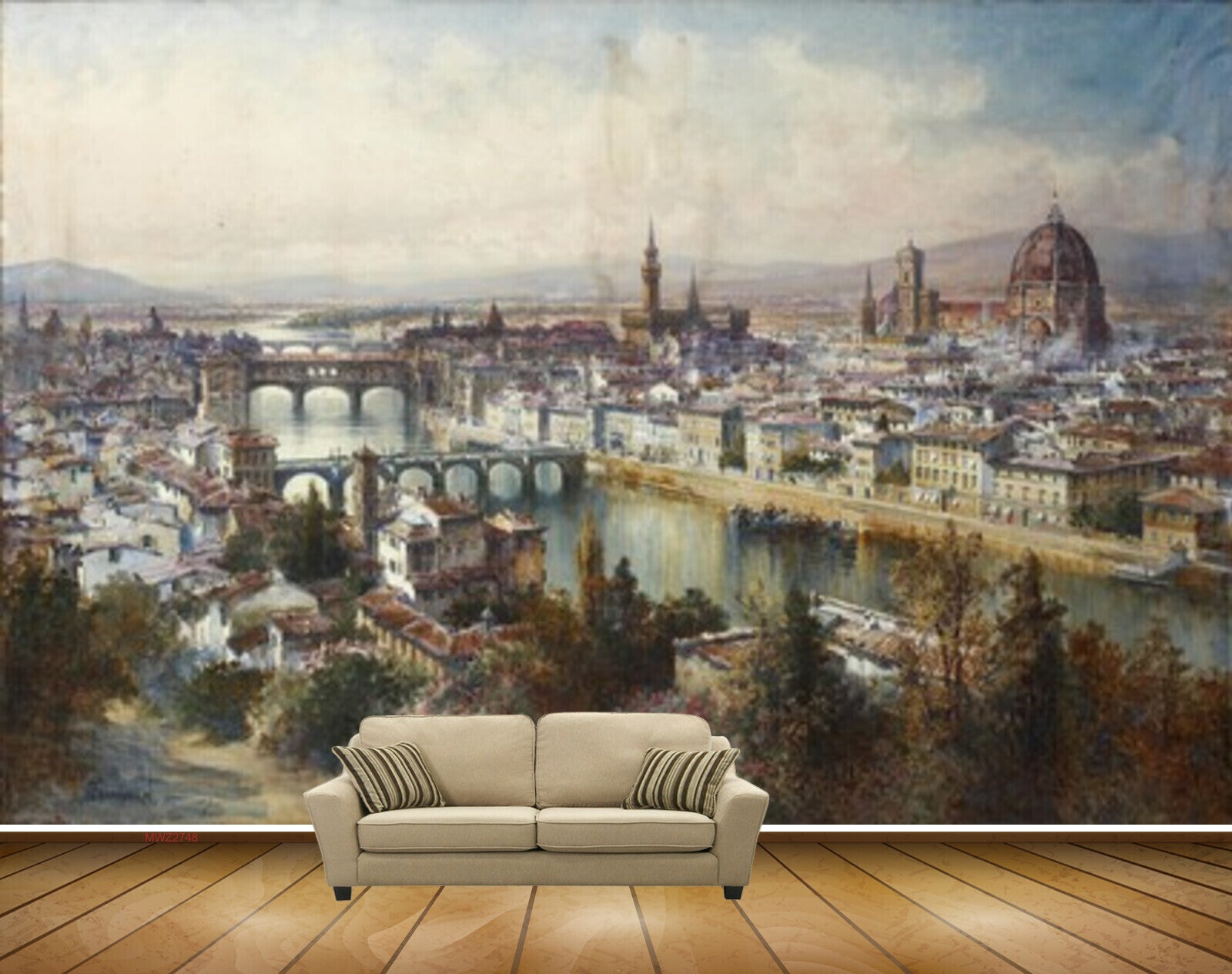Avikalp MWZ2748 Buildings River Water Trees Bridge City Painting HD Wallpaper