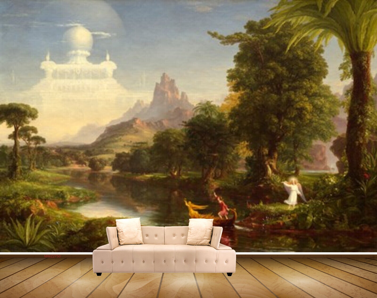 Avikalp MWZ2750 Clouds Trees Grass Plants Boat Girls River Lake Water Mountains Painting HD Wallpaper