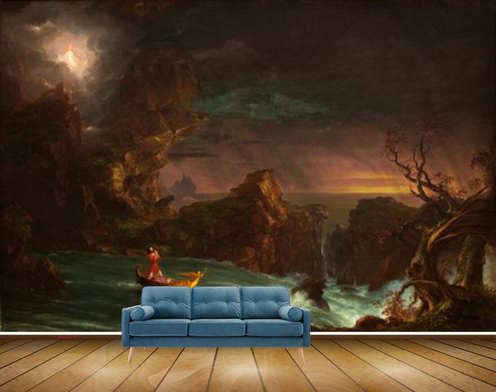Avikalp MWZ2751 Mountains Trees Sea Boat Girl Night Painting HD Wallpaper