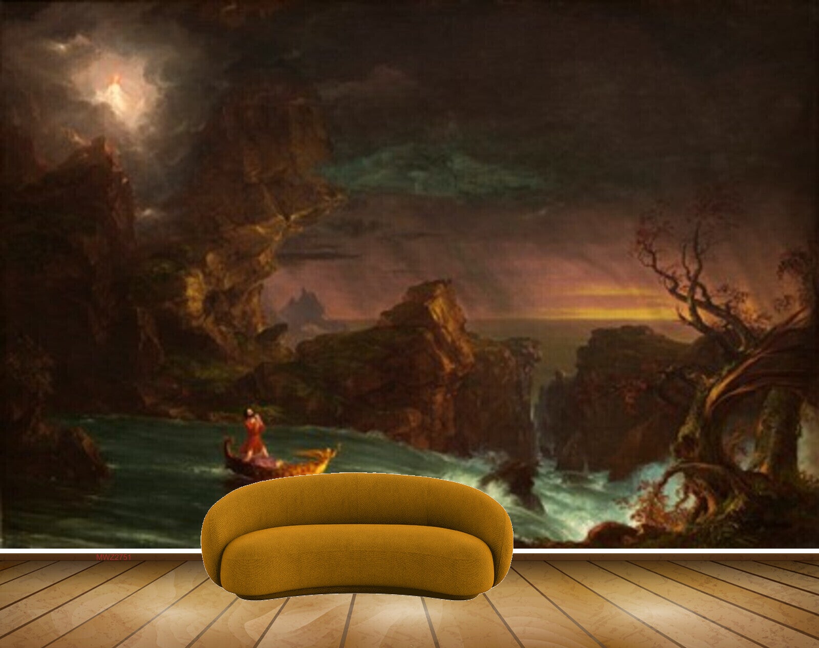 Avikalp MWZ2751 Mountains Trees Sea Boat Girl Night Painting HD Wallpaper