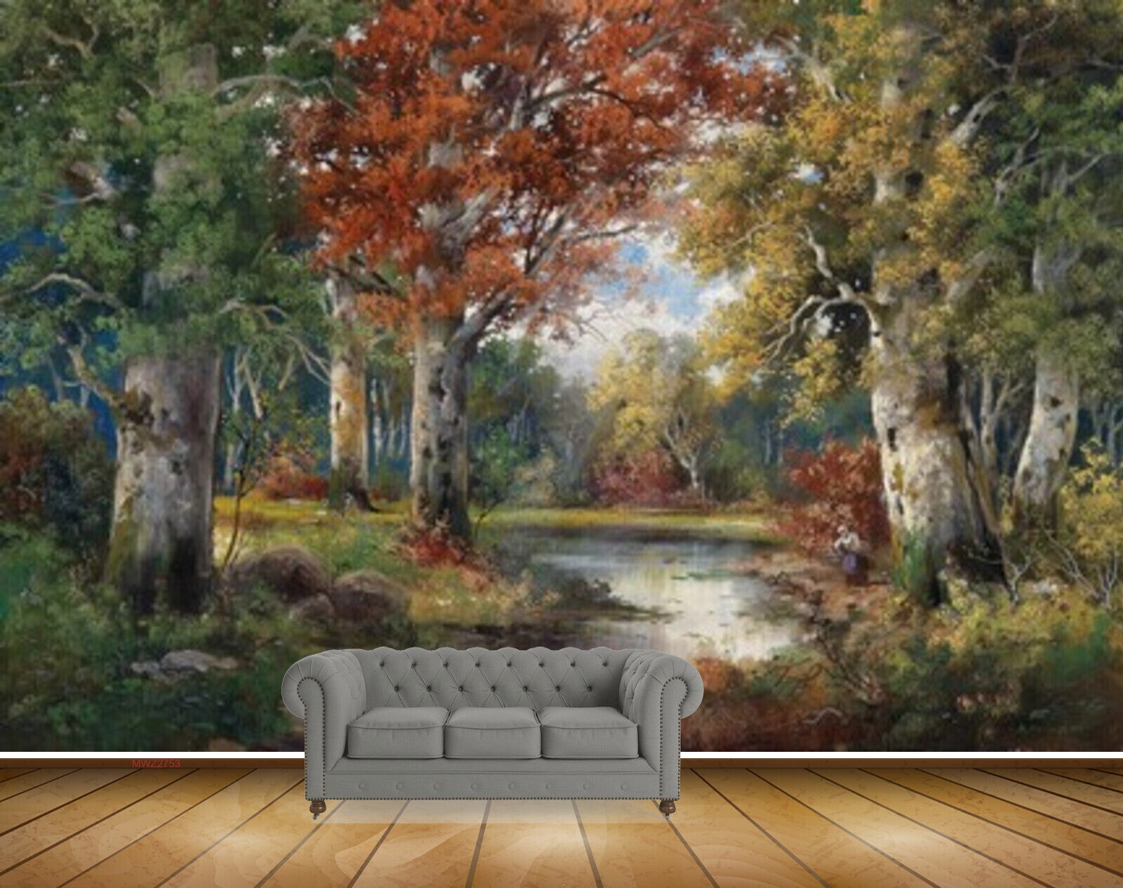 Avikalp MWZ2753 Trees Orange Green Leaves River Girl Stones Grass Painting HD Wallpaper