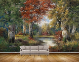 Avikalp MWZ2753 Trees Orange Green Leaves River Girl Stones Grass Painting HD Wallpaper