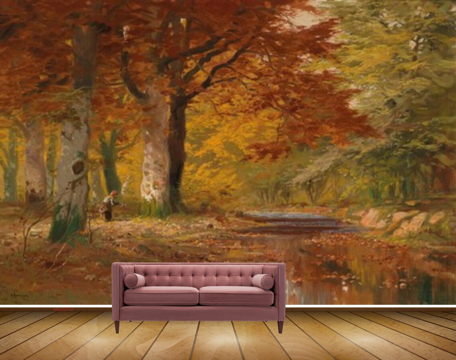 Avikalp MWZ2755 Trees Orange Green Leaves Women River Pond Water Painting HD Wallpaper