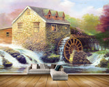 Avikalp MWZ2758 Waterfalls House Trees Pink Green Leaves River Stones Painting HD Wallpaper