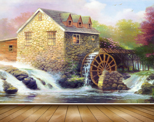 Avikalp MWZ2758 Waterfalls House Trees Pink Green Leaves River Stones Painting HD Wallpaper