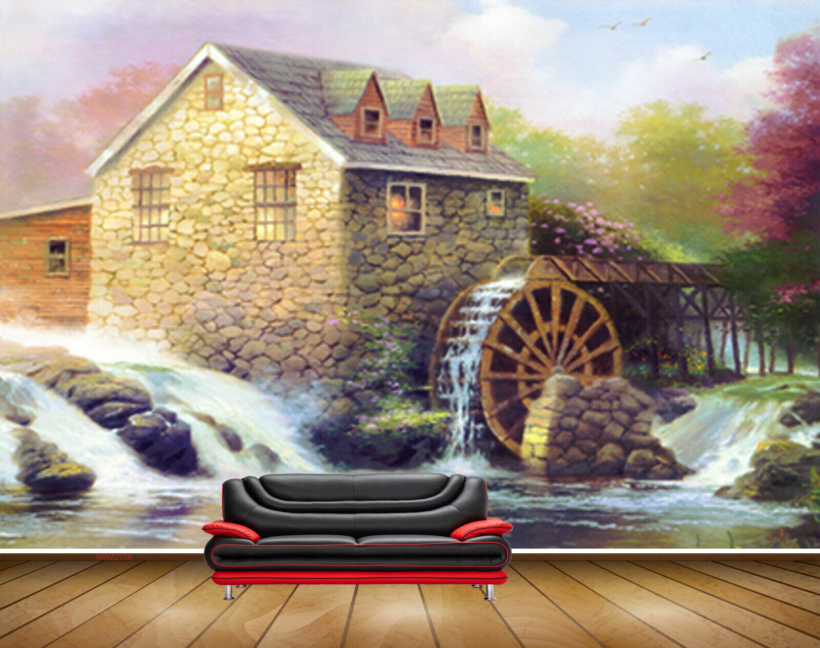 Avikalp MWZ2758 Waterfalls House Trees Pink Green Leaves River Stones Painting HD Wallpaper