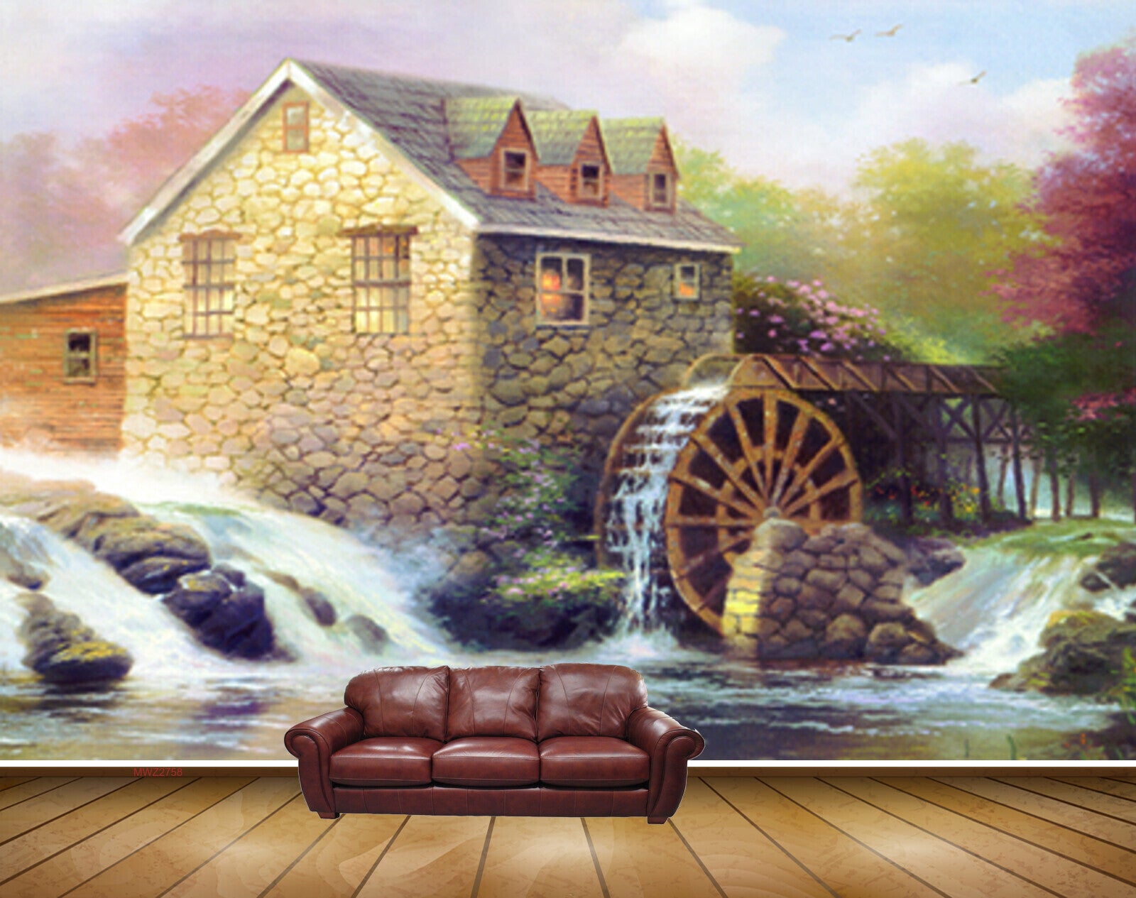 Avikalp MWZ2758 Waterfalls House Trees Pink Green Leaves River Stones Painting HD Wallpaper