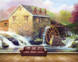 Avikalp MWZ2758 Waterfalls House Trees Pink Green Leaves River Stones Painting HD Wallpaper
