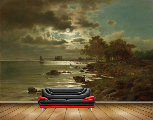 Avikalp MWZ2759 Sun Clouds Sea Trees Grass Stones Boat Painting HD Wallpaper