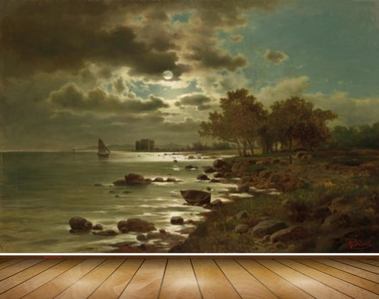 Avikalp MWZ2759 Sun Clouds Sea Trees Grass Stones Boat Painting HD Wallpaper