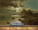 Avikalp MWZ2759 Sun Clouds Sea Trees Grass Stones Boat Painting HD Wallpaper