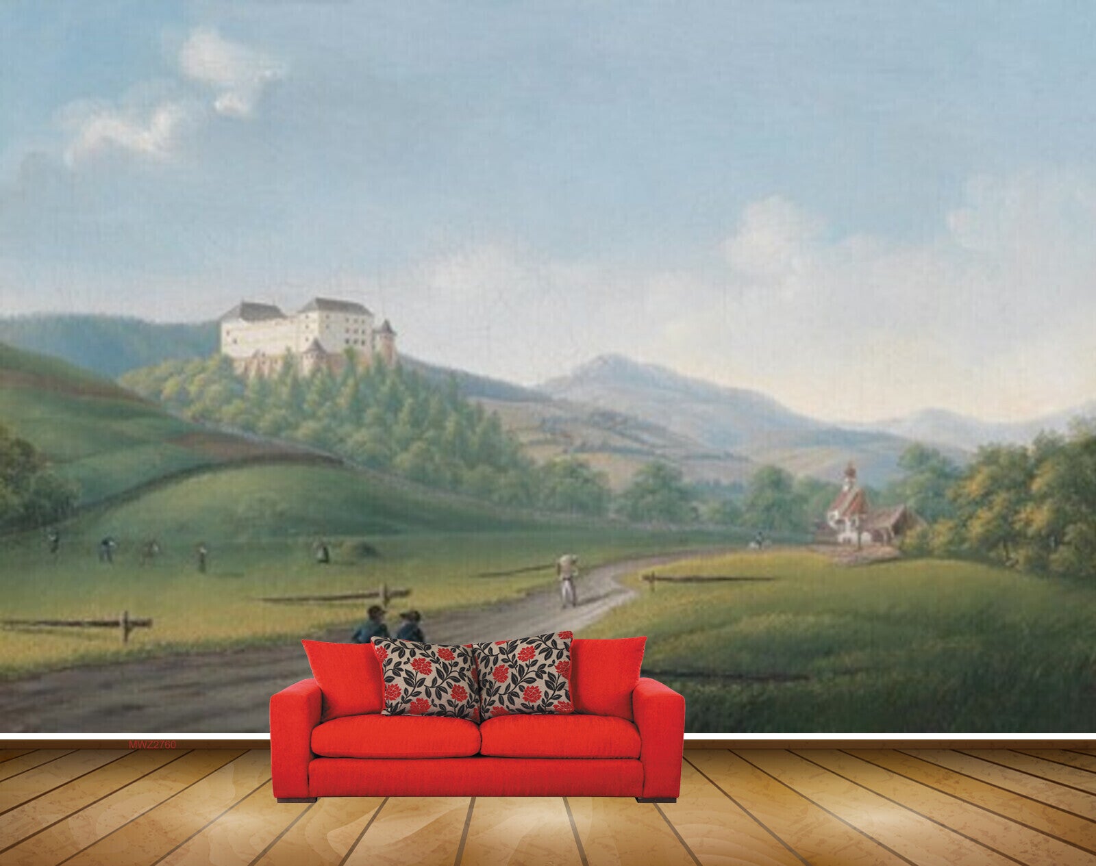 Avikalp MWZ2760 Mountains Houses Trees Grass People Road Clouds Painting HD Wallpaper