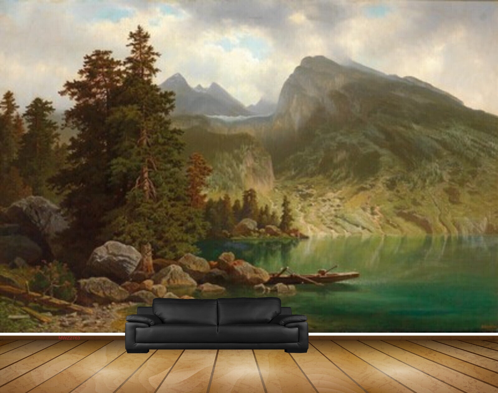 Avikalp MWZ2763 Clouds Trees Mountains Stones River Lake Water Boat Painting HD Wallpaper