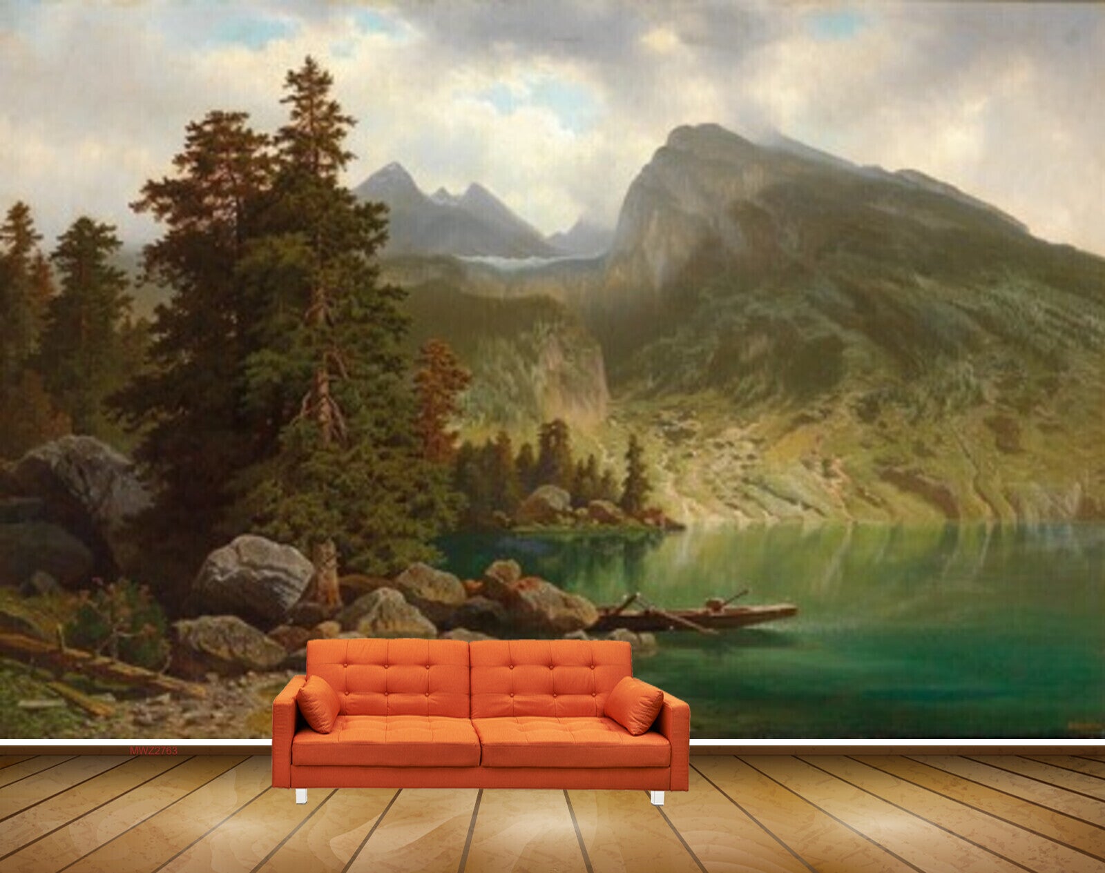 Avikalp MWZ2763 Clouds Trees Mountains Stones River Lake Water Boat Painting HD Wallpaper