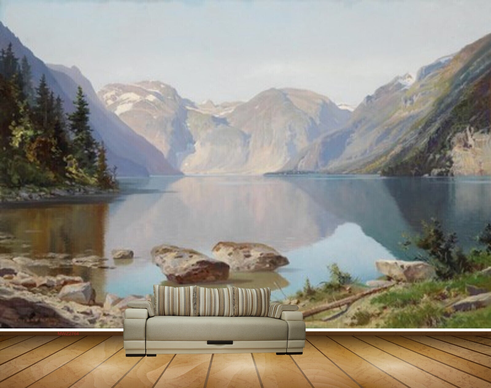 Avikalp MWZ2764 Mountains Trees Clouds Stones River Lake Grass Painting HD Wallpaper