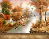 Avikalp MWZ2767 Trees River Lake Water Ducks Houses Orange Leaves Birds Grass Painting HD Wallpaper