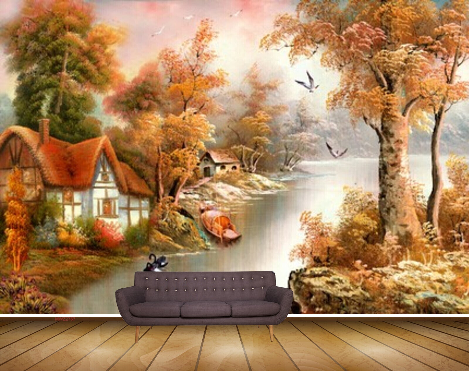 Avikalp MWZ2767 Trees River Lake Water Ducks Houses Orange Leaves Birds Grass Painting HD Wallpaper