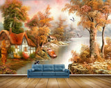 Avikalp MWZ2767 Trees River Lake Water Ducks Houses Orange Leaves Birds Grass Painting HD Wallpaper
