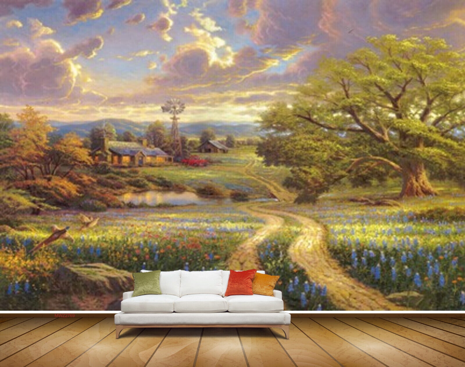 Avikalp MWZ2769 Clouds Trees Flowers Birds Houses Roads Grass Painting HD Wallpaper