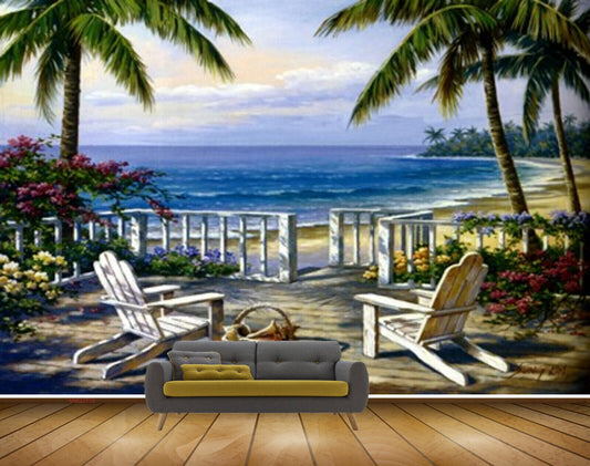 Avikalp MWZ2770 Sea Coconut Trees Chairs Pink Flowers Beach Sand Water Ocean Painting HD Wallpaper