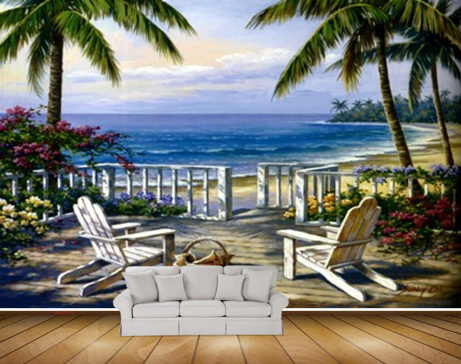 Avikalp MWZ2770 Sea Coconut Trees Chairs Pink Flowers Beach Sand Water Ocean Painting HD Wallpaper