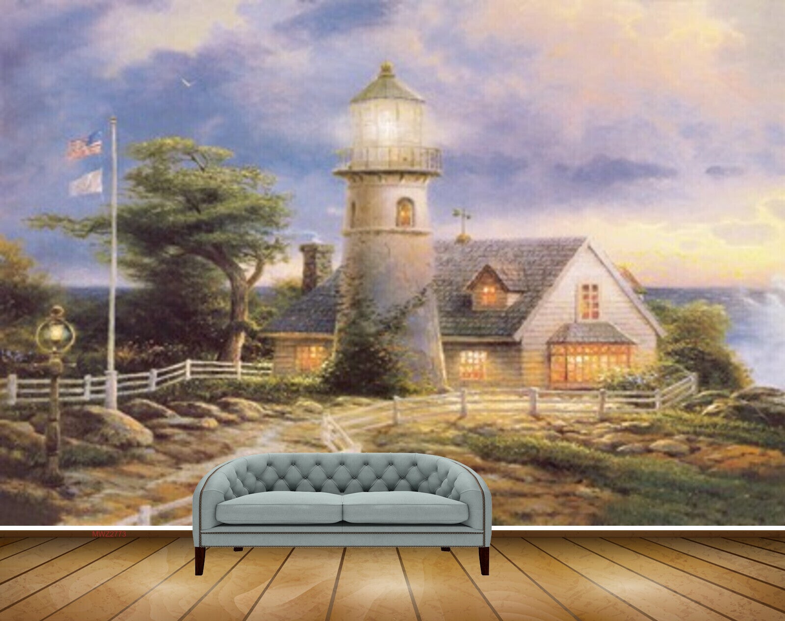 Avikalp MWZ2773 Clouds House Trees Flags Light House Stones Lamps Grass Painting HD Wallpaper