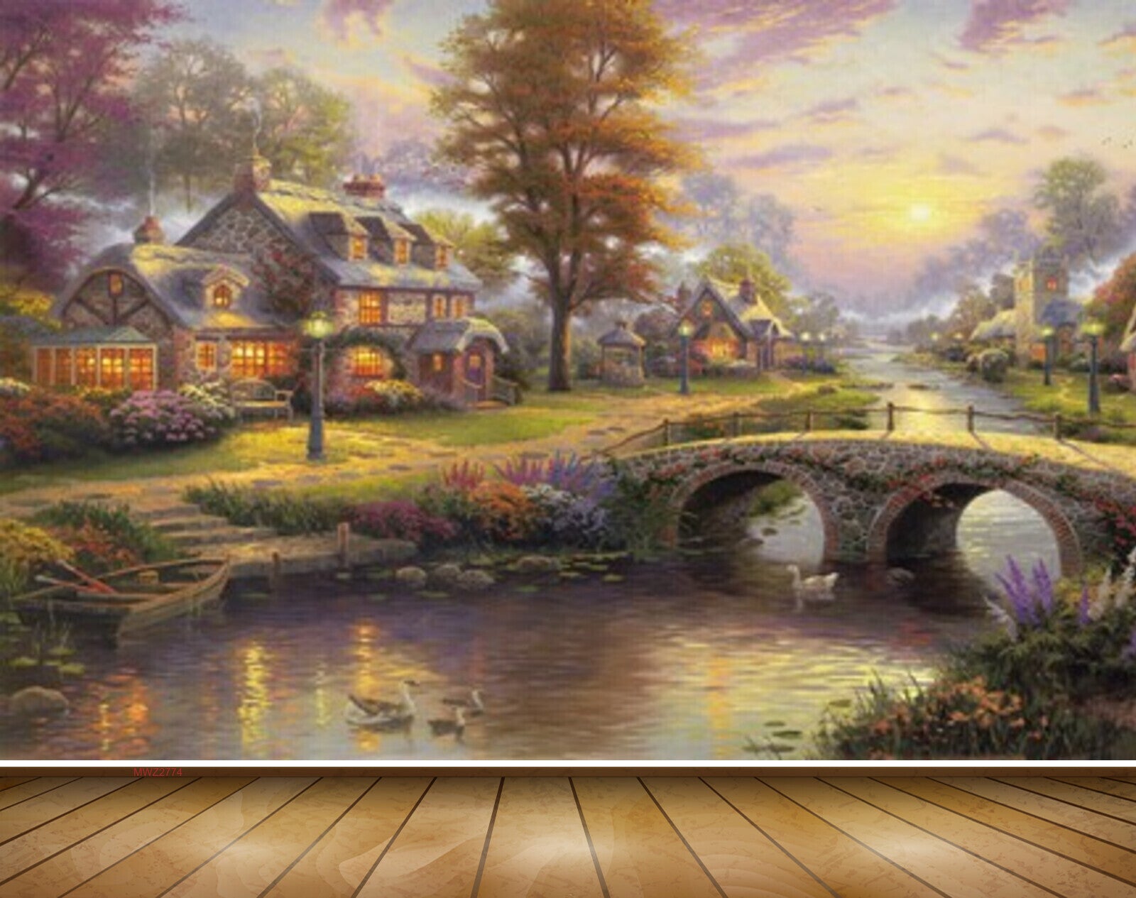 Avikalp MWZ2774 Houses Trees Sun Purple Leaves Lamps Clouds Bridge Ducks Boat Painting HD Wallpaper