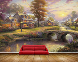 Avikalp MWZ2774 Houses Trees Sun Purple Leaves Lamps Clouds Bridge Ducks Boat Painting HD Wallpaper