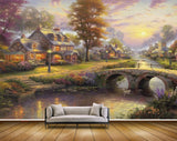 Avikalp MWZ2774 Houses Trees Sun Purple Leaves Lamps Clouds Bridge Ducks Boat Painting HD Wallpaper