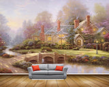 Avikalp MWZ2775 Trees Houses Grass Flowers Sky Lamps Bridge River Water Painting HD Wallpaper