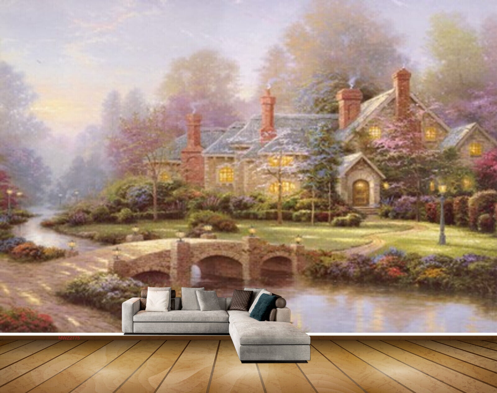 Avikalp MWZ2775 Trees Houses Grass Flowers Sky Lamps Bridge River Water Painting HD Wallpaper