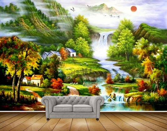 Avikalp MWZ2776 Sun Birds Trees House Orange Leaves Flowers Waterfalls Mountains River Pond Water Painting HD Wallpaper